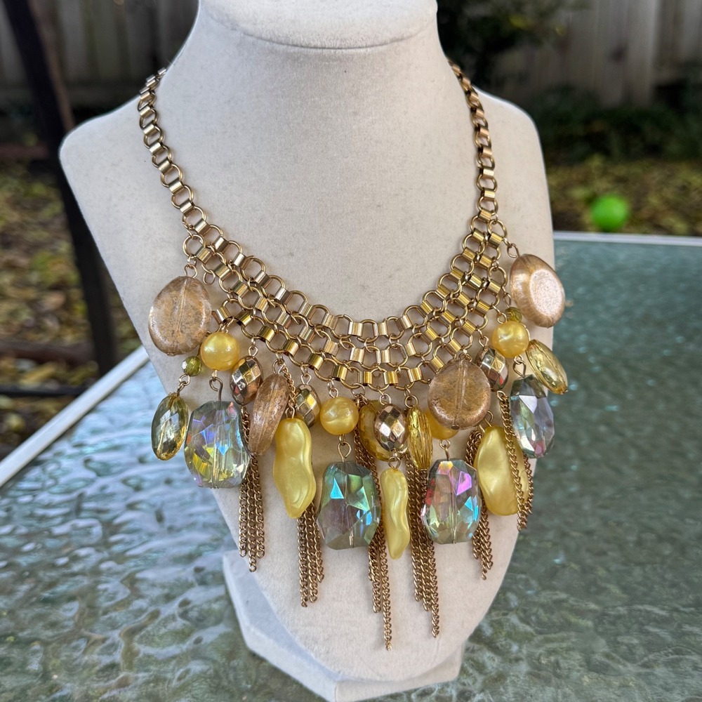 Style & Co Yellow Fringe Bead Statement Necklace Gold Tone AB 56572NG NWT
